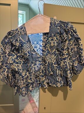 RHODE Blue and White Floral Ruffle Blouse